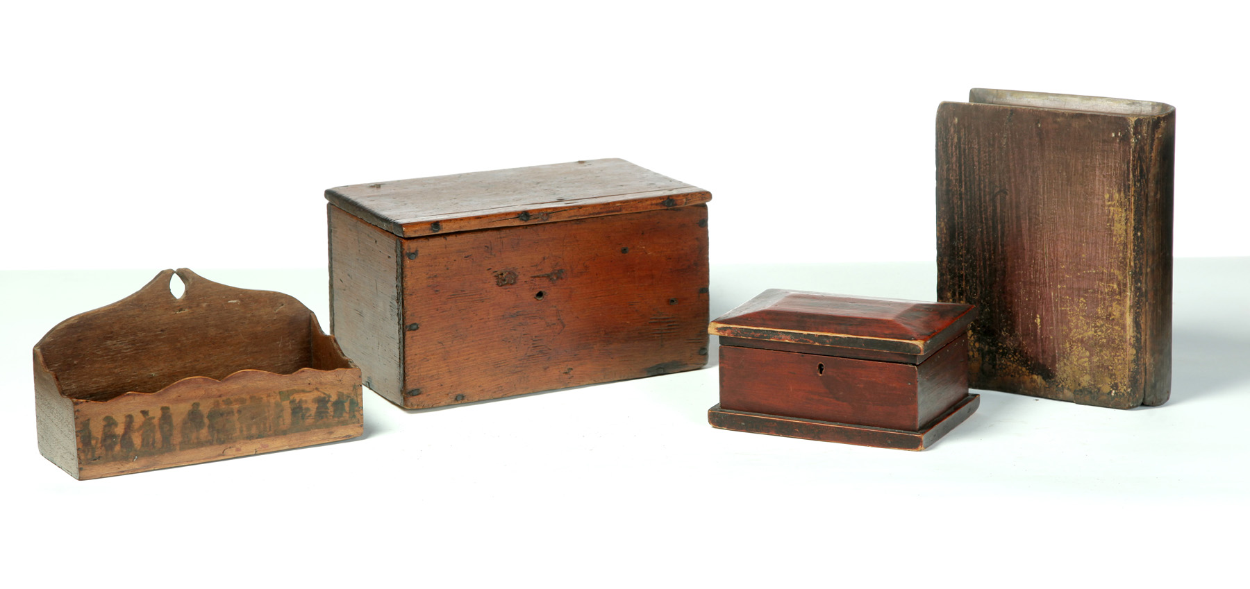 Appraisal: FOUR AMERICAN HOUSEHOLD ITEMS Nineteenth century mixed woods Jewelry box