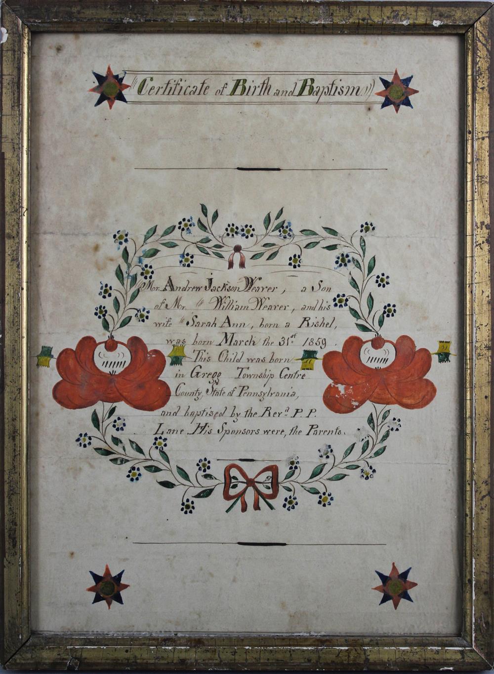 Appraisal: AMERICAN SCHOOL LATE TH CENTURY FRAKTUR BIRTH AND BAPTISMAL CERTIFICATE