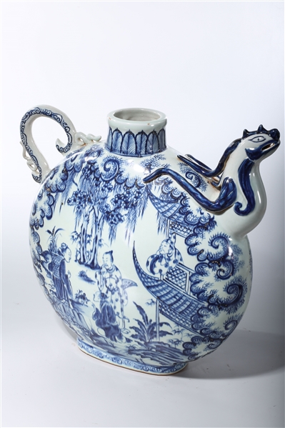 Appraisal: Large Chinese blue and white ewer-form flask vase depicting figures