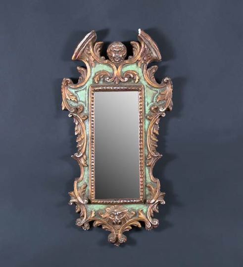 Appraisal: Italian Narrow Upright Cast Green-Painted and Parcel-Gilt Plaster Looking Glass