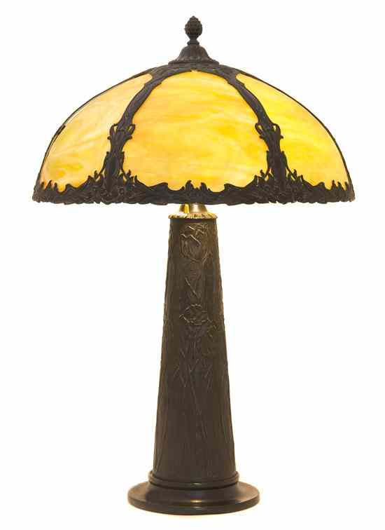 Appraisal: An American Slag Glass and Patinated Metal Table Lamp having