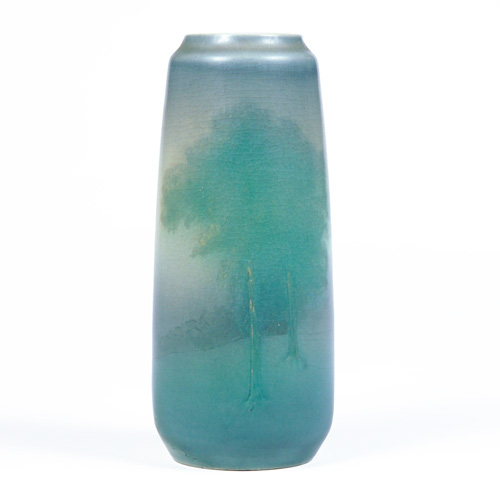 Appraisal: ROOKWOOD Scenic Vellum cylindrical vase painted by Elizabeth McDermott Flame