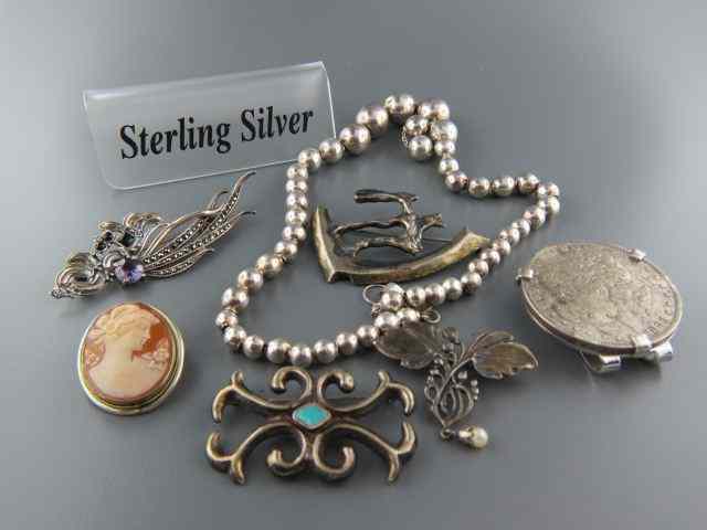 Appraisal: pc Estate Sterling Silver Jewelry Lot pins necklace cameo silver