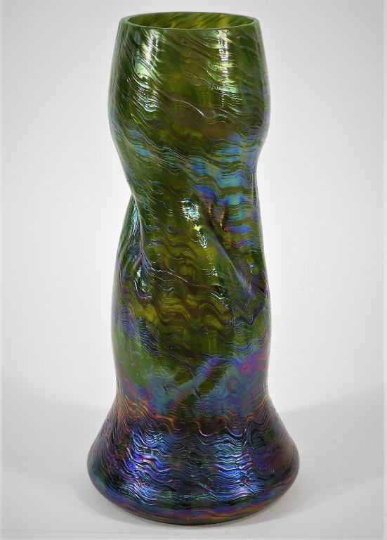 Appraisal: BOHEMIAN GREEN PURPLE IRIDESCENT ART GLASS VASE Czechslovakia th CenturyTall