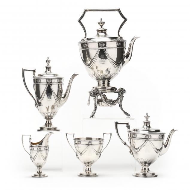 Appraisal: VICTORIAN SILVER TEA COFFEE SERVICE IN THE NEOCLASSICAL STYLE Mark