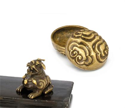 Appraisal: Bronze 'guri-style' box and cover and gilt bronze figure of