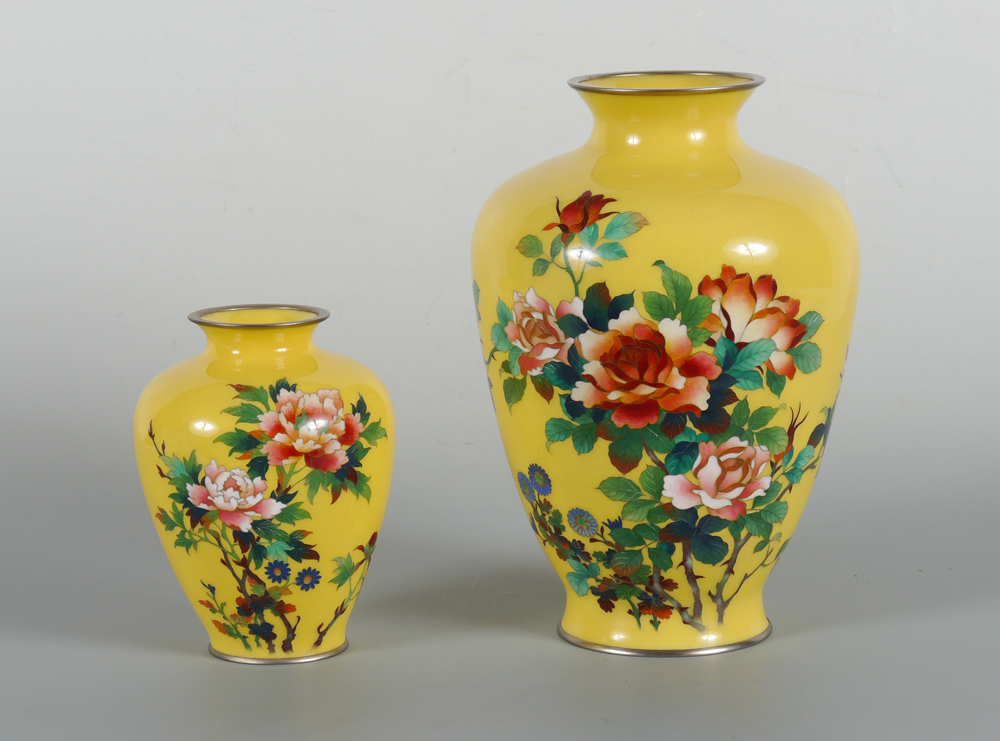 Appraisal: PIECE WIRELESS CLOISONNE JARS Each with yellow ground and floral