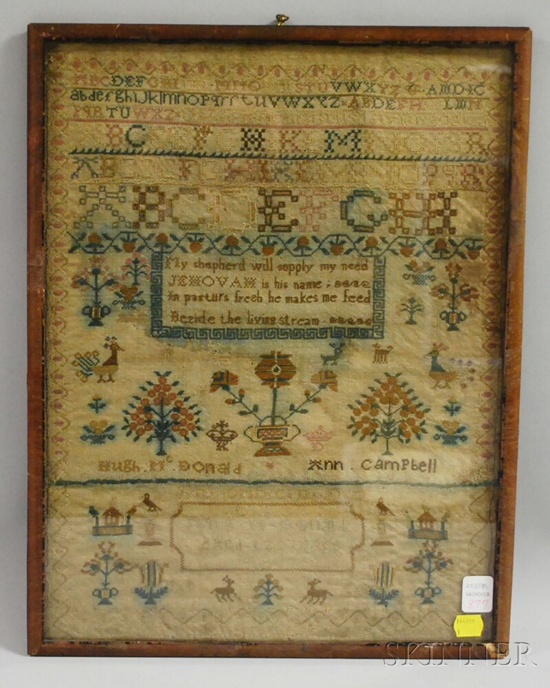 Appraisal: Early th Century Marg McDonald Needlework Sampler including her parent's