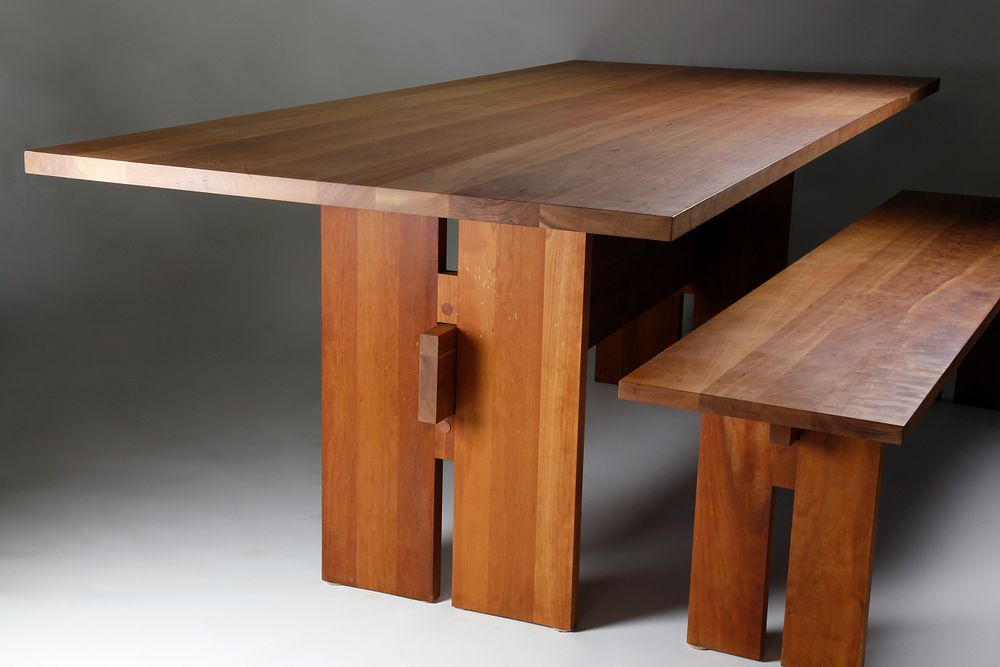 Appraisal: Contemporary Vermont Furniture Design Trestle Dining Table and Bench Contemporary