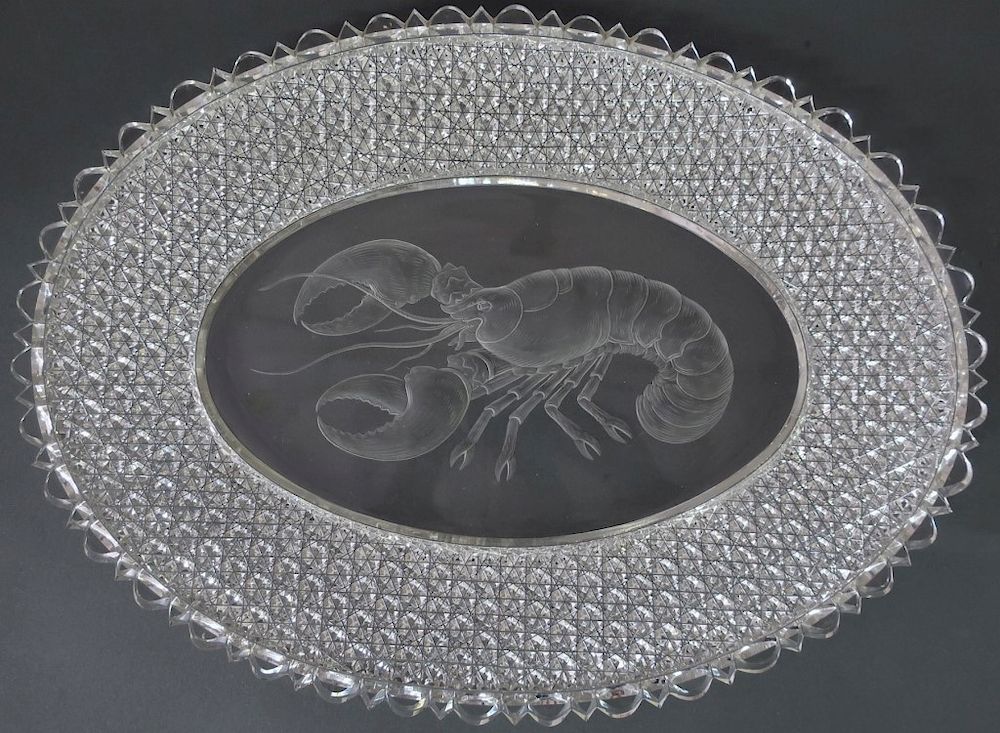 Appraisal: Intaglio Cut Crystal Lobster Dish Fine intaglio cut crystal lobster