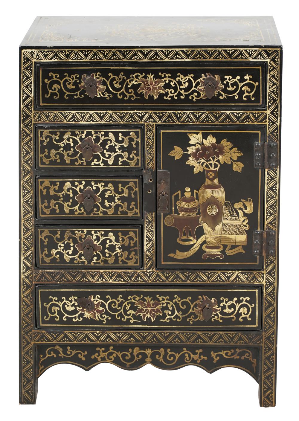 Appraisal: ASIAN LACQUERED JEWERLY CABINETCondition missing one metal plate inches wide