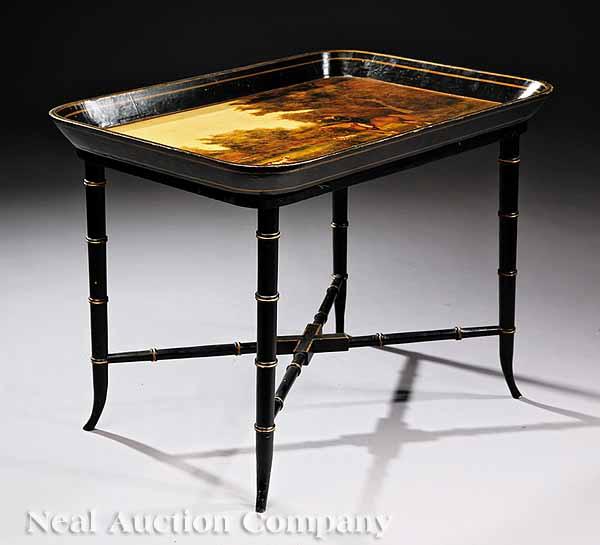 Appraisal: An Antique English Papier-M ch Tray on Stand mid- th