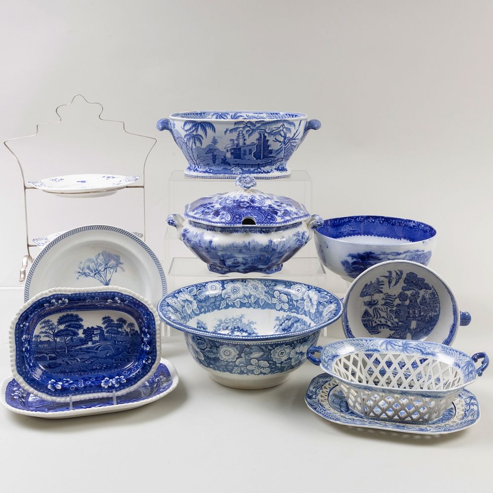 Appraisal: Group of English Blue Transfer Printed Serving Wares Comprising A