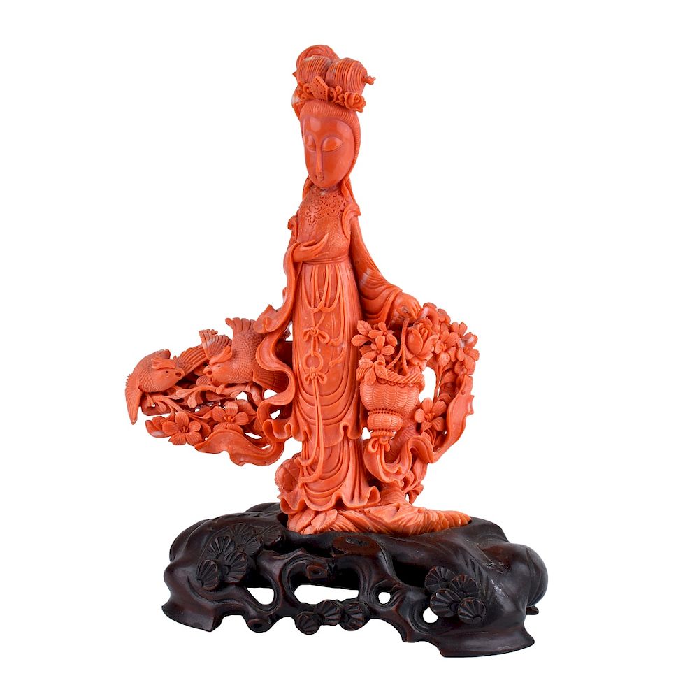 Appraisal: Superb Chinese Carved Pink Coral Guanyin Group Superb Chinese Carved