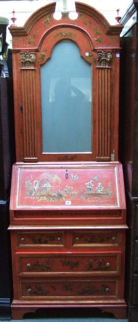 Appraisal: A red lacquer chinoiserie decorated small bureau bookcase of early