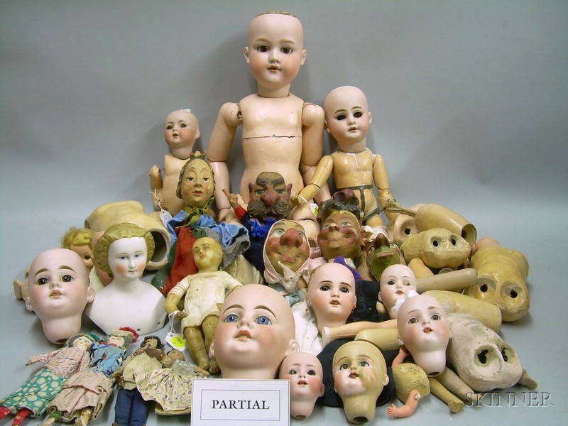 Appraisal: Large Group Lot of Doll Parts Three Bisque Dolls and