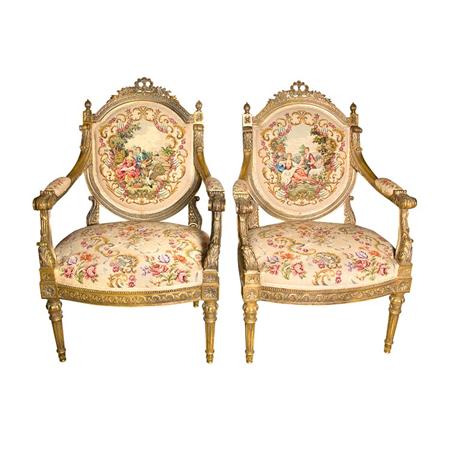 Appraisal: Pair of Louis XVI Style Gilt-Wood Needlepoint Upholstered Fauteuils Estimate