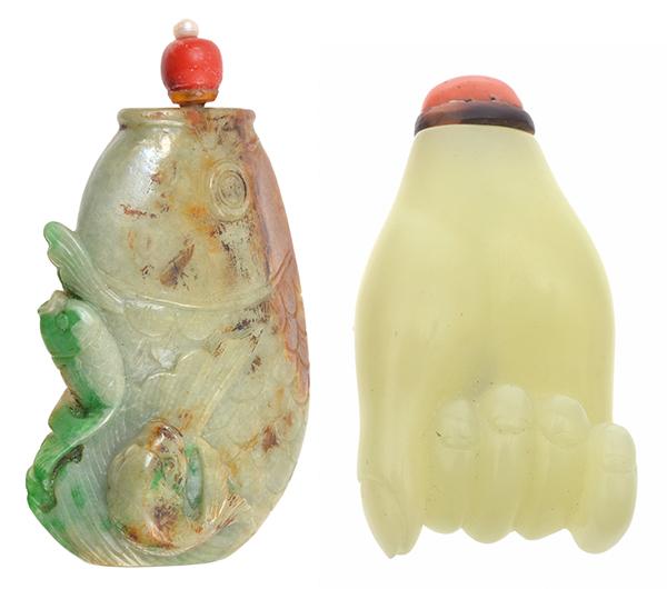 Appraisal: A CARVED JADEITE SNUFF BOTTLE WITH CORAL STOPPER AND FRESHWATER