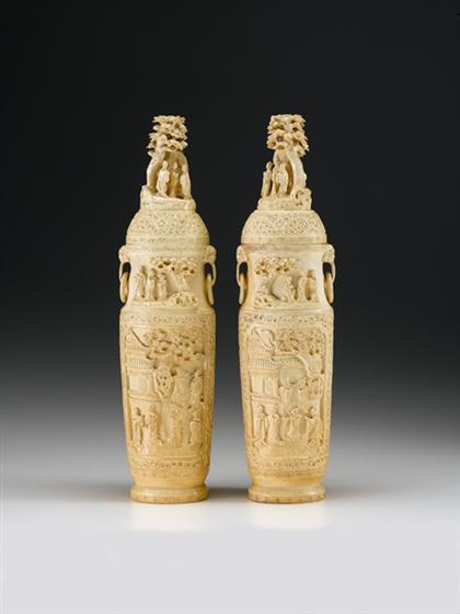 Appraisal: Large pair of Chinese elephant ivory covered baluster vases incised