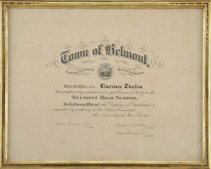 Appraisal: FRAMED HIGH SCHOOL DIPLOMA FOR CLARENCE THULIN IN THULIN FRAME