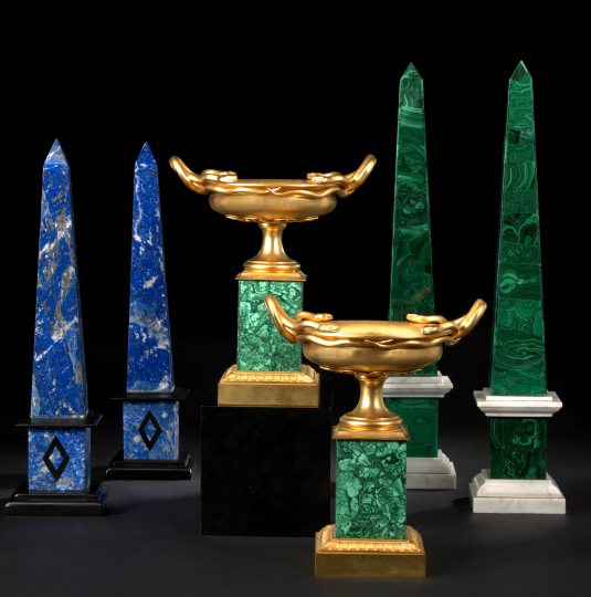 Appraisal: Pair of Continental Polished Black Slate-Edged Lapis-Lazuli Obelisks in the