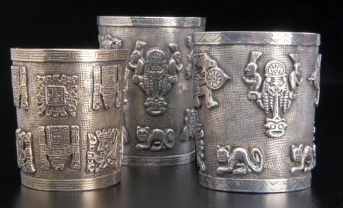 Appraisal: Three broad sterling Peruvian cuffs with Aztec motifs two tapered