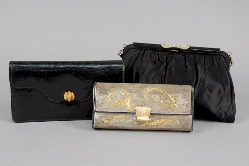 Appraisal: TWO ITALIAN DESIGNER BLACK CLUTCH BAGS One Gucci lizard envelope