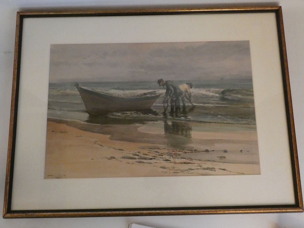 Appraisal: FM LAMB SEASCAPE PAINTING Fine antiqe watercolor painting of men