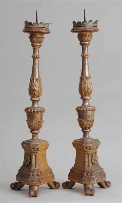 Appraisal: PAIR OF ITALIAN BAROQUE CARVED GILTWOOD PRICKET STICKS in