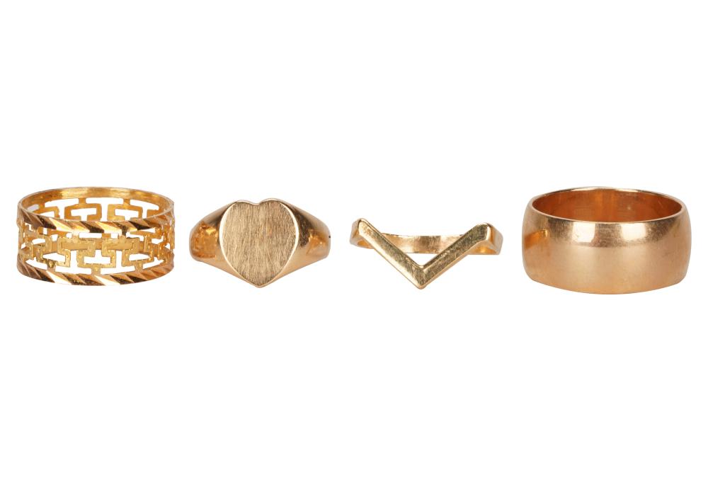 Appraisal: FOUR KARAT YELLOW GOLD BAND RINGS grams total Sizes and