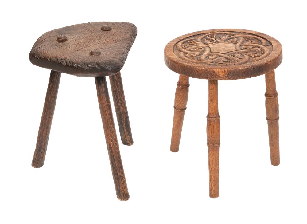 Appraisal: TWO OAK MILKING STOOLS TH TH CENTURY HEIGHTS AND TWO