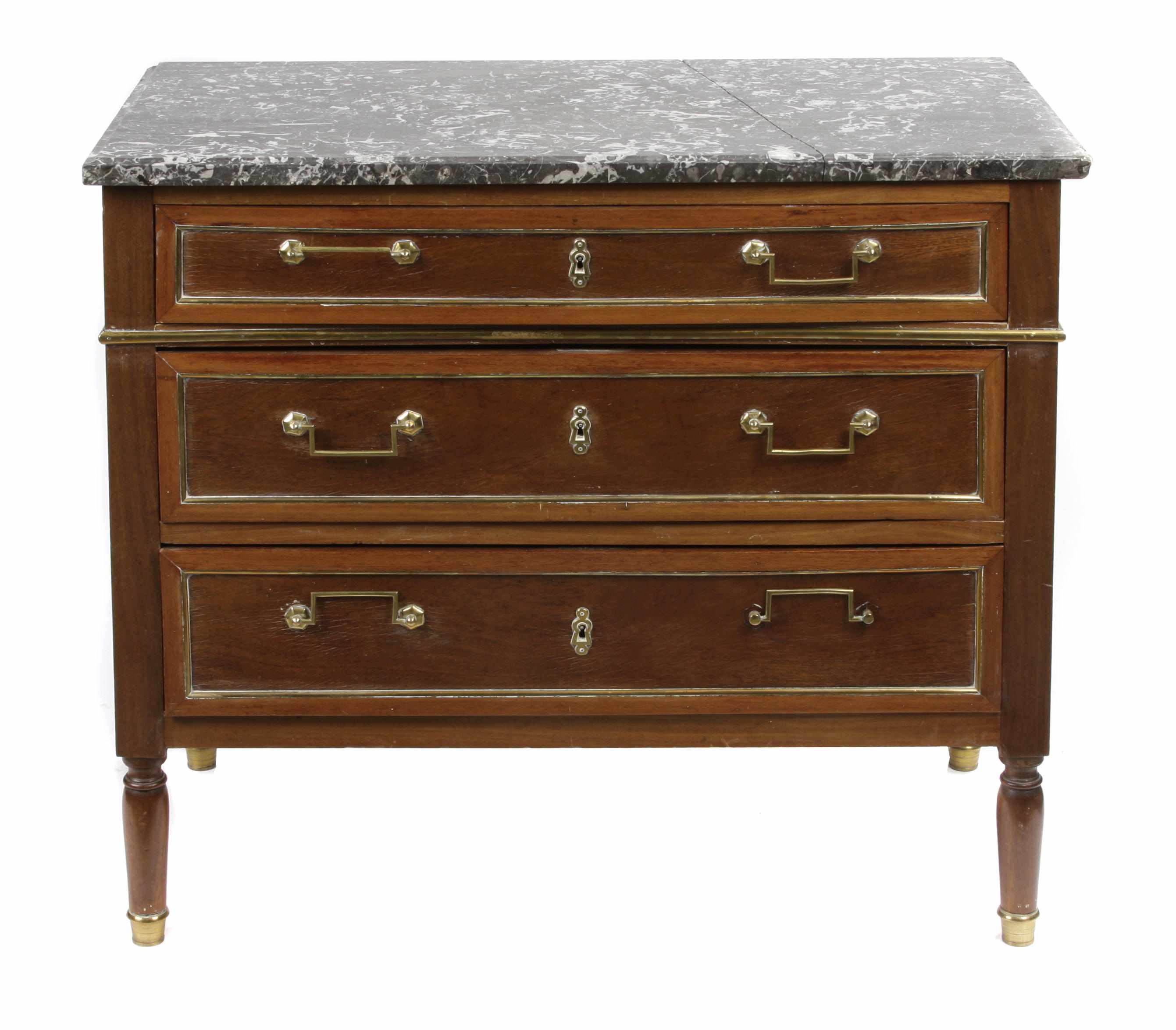 Appraisal: A Directoire brass mounted mahogany commode late th centuryWith marble