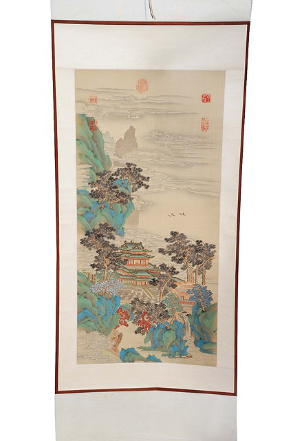 Appraisal: Chinese School th CenturyScroll - Pagoda pine trees and clouds