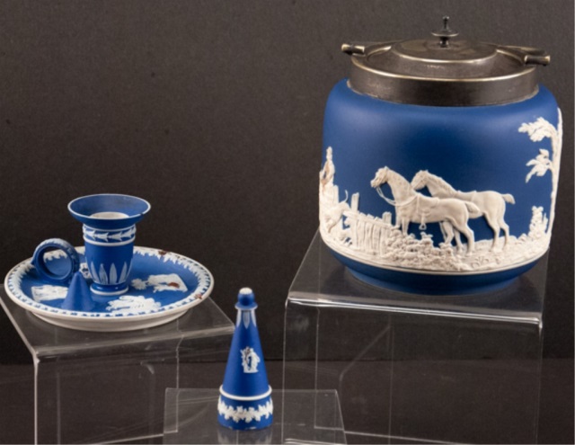 Appraisal: Three Pieces of Wedgwood and Adams Jasperware Includes one covered