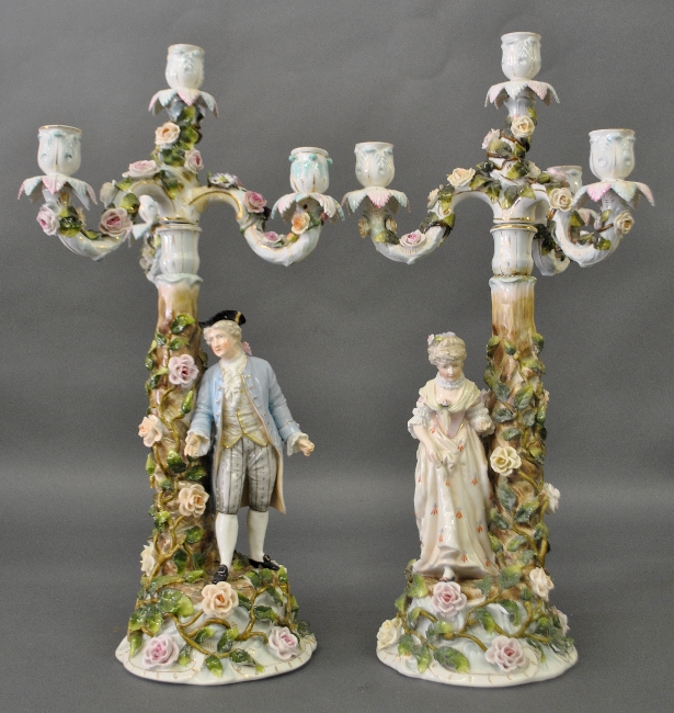 Appraisal: - Pair of German porcelain figural candelabra by Sitzendorf c