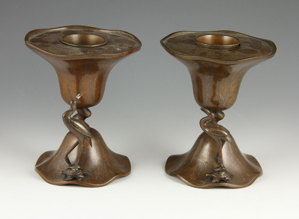 Appraisal: - Pr Japanese Bronze Candle Holders Pair of Japanese candle