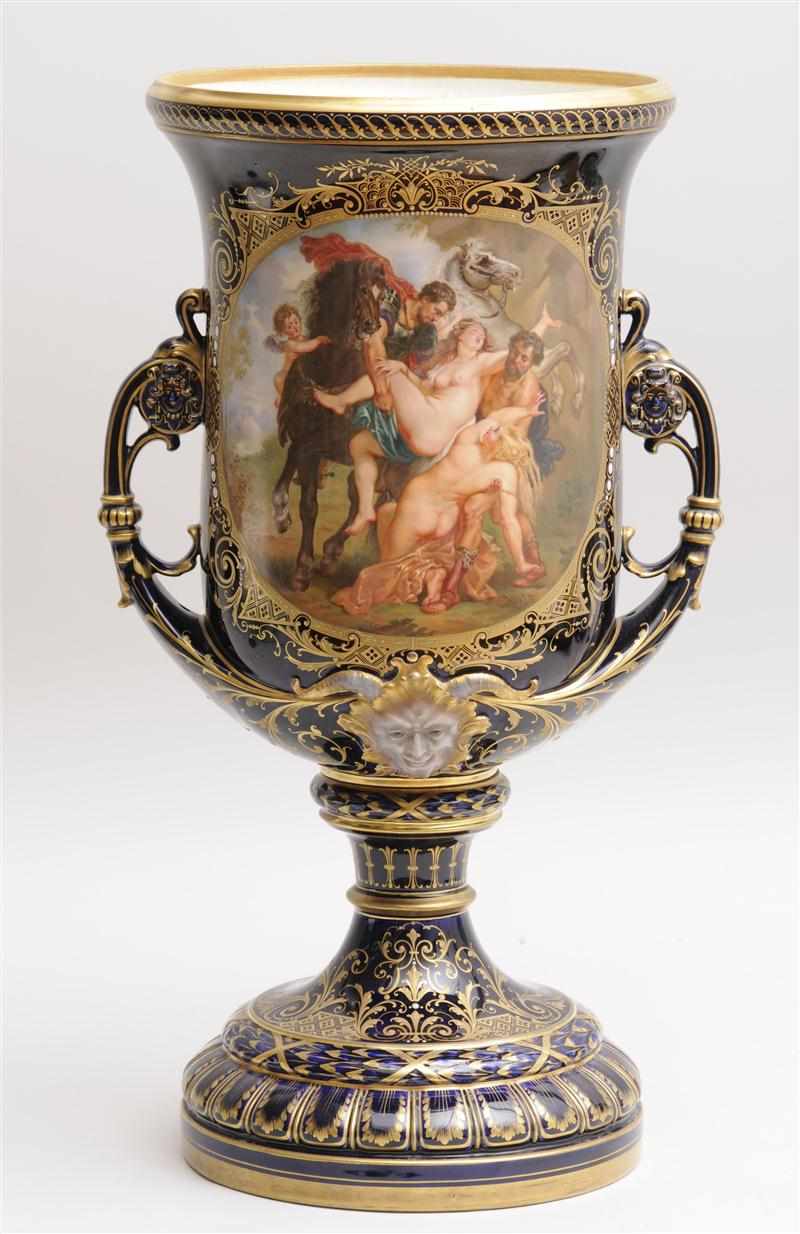 Appraisal: VIENNA PORCELAIN LARGE TWO-HANDLED URN WITH PAINTED PANEL AFTER RUBENS