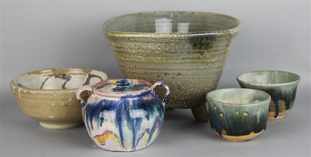 Appraisal: FIVE STUDIO POTTERY PIECES including a three-sided vase impressed LB