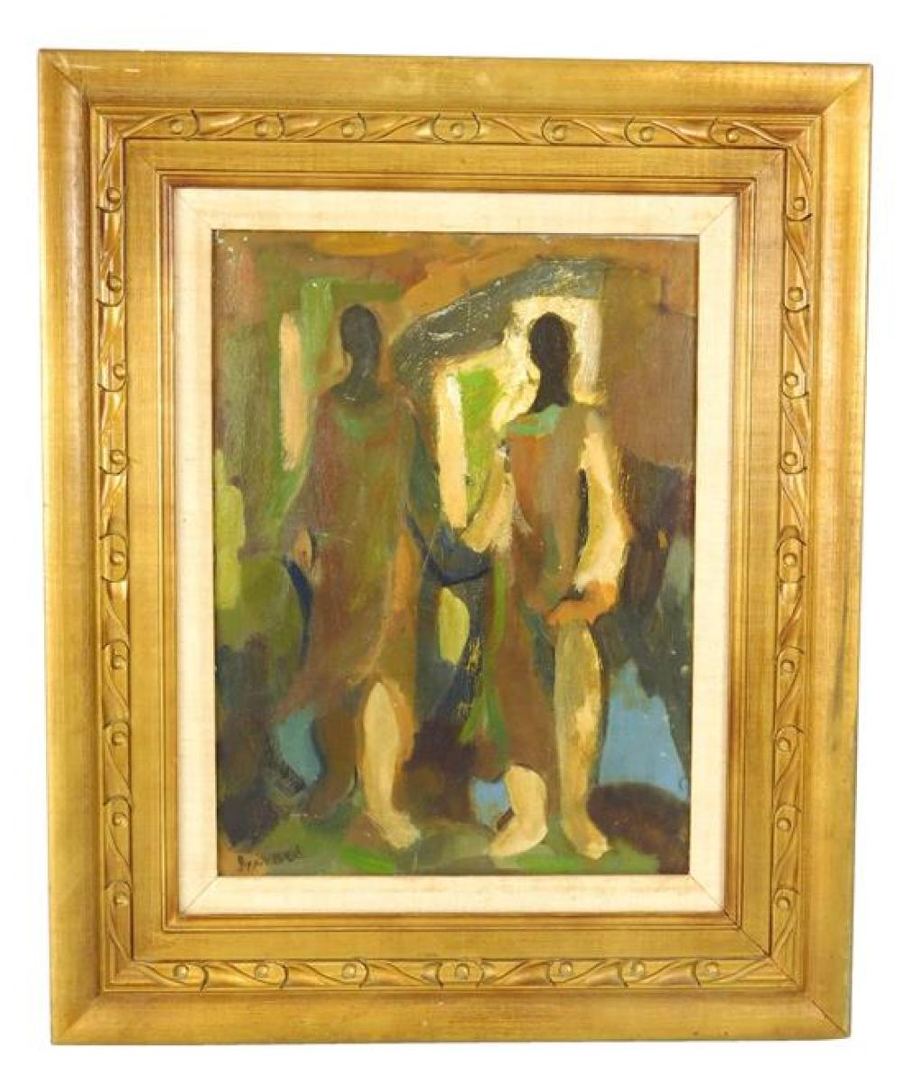 Appraisal: Modern abstract scene oil on Masonite depicts abstracted scene of