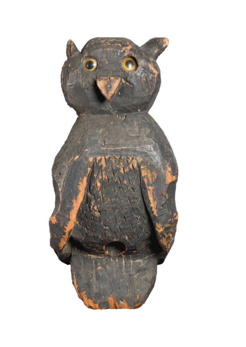 Appraisal: CARVED AND BLACK PAINTED OWL DECOY Realistically carved in an