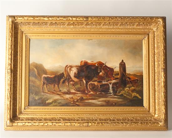 Appraisal: th C Oil on Canvas of Cattle at Watering Trough