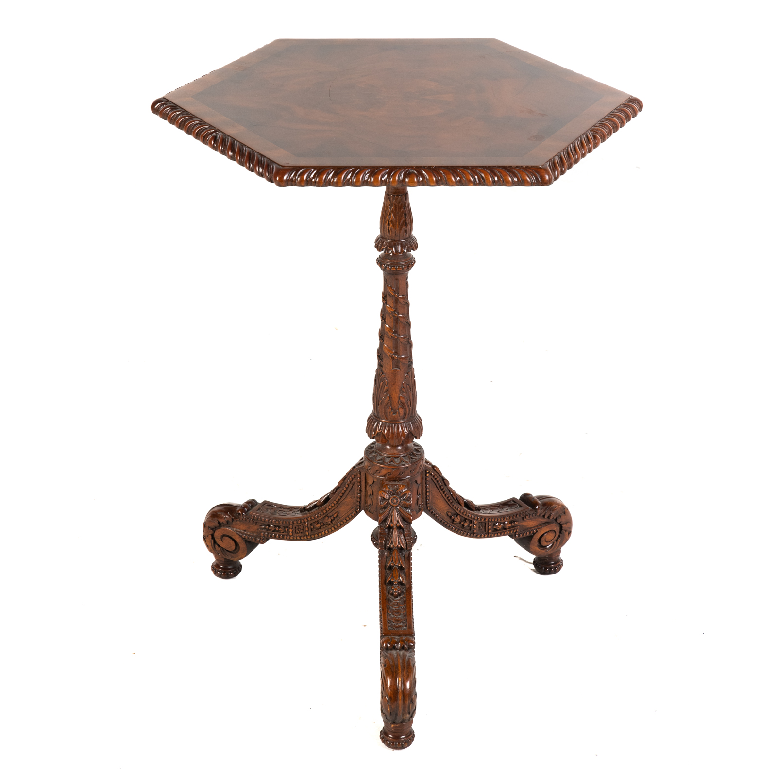 Appraisal: MAITLAND-SMITH MAHOGANY OCTAGONAL STAND Mahogany banded top on elaborately carved