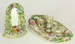 Appraisal: lot of English porcelain flower-encrusted inkstand and small mirror circa