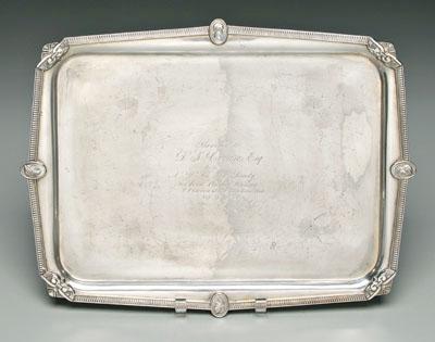 Appraisal: Medallion coin silver tray rectangular with die-rolled drop border scroll