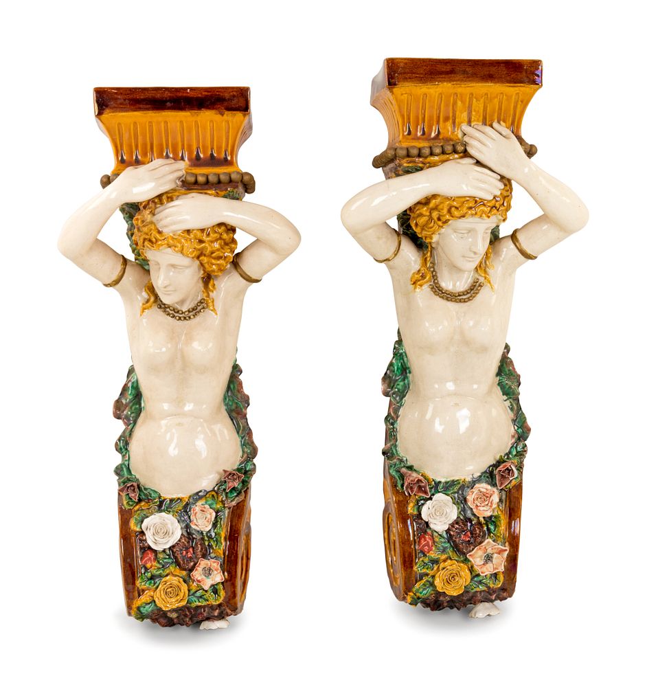 Appraisal: A Pair of German Majolica Figural Brackets A Pair of