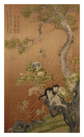 Appraisal: A Chinese silk Cats and Butterflies embroidered hanging Tongzhi to