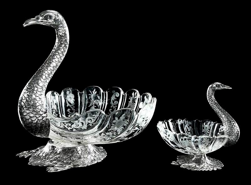 Appraisal: Two German Silver and Cut Glass Swan Bowls floral engraved