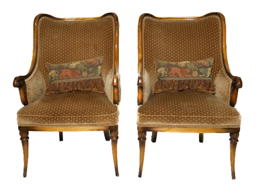 Appraisal: PAIR CONTINENTAL CUSTOM UPHOLSTERED WING CHAIRSPair of Continental custom upholstered