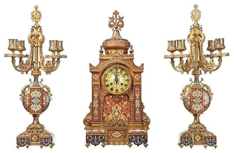 Appraisal: Fine Tiffany Gilt Bronze Champlev Clock Garniture late th century