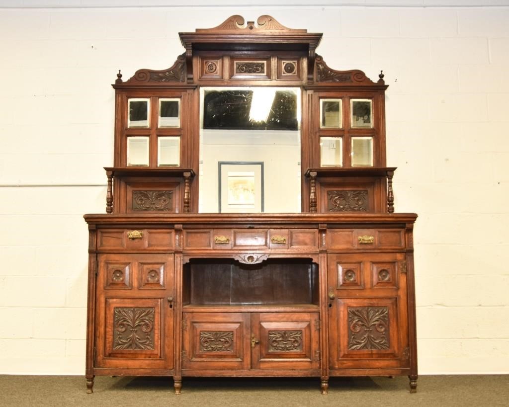 Appraisal: English mahogany sideboard circa with beveled glass mirror accanthus carved